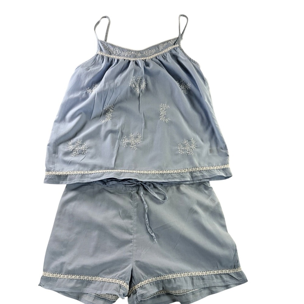Cynthia Rowley Light Blue & White Embroidered Cami Top and Bottoms PJ Set L